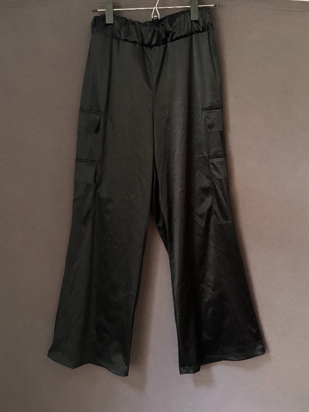Weissman Black Satin Wide Leg Cargo Pants Hip Hop Dance Costume Adult XSA
